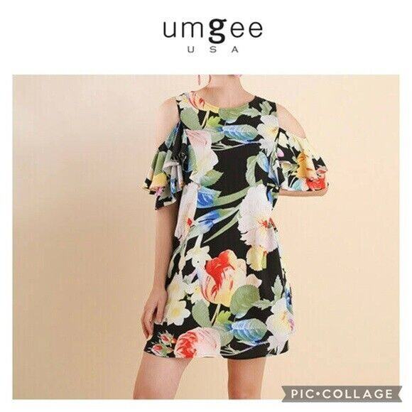 UMGEE‎ Tropical Floral Mini Dress Cold Shoulder Flowy Summer Travel Size MEDIUM - Picture 1 of 8